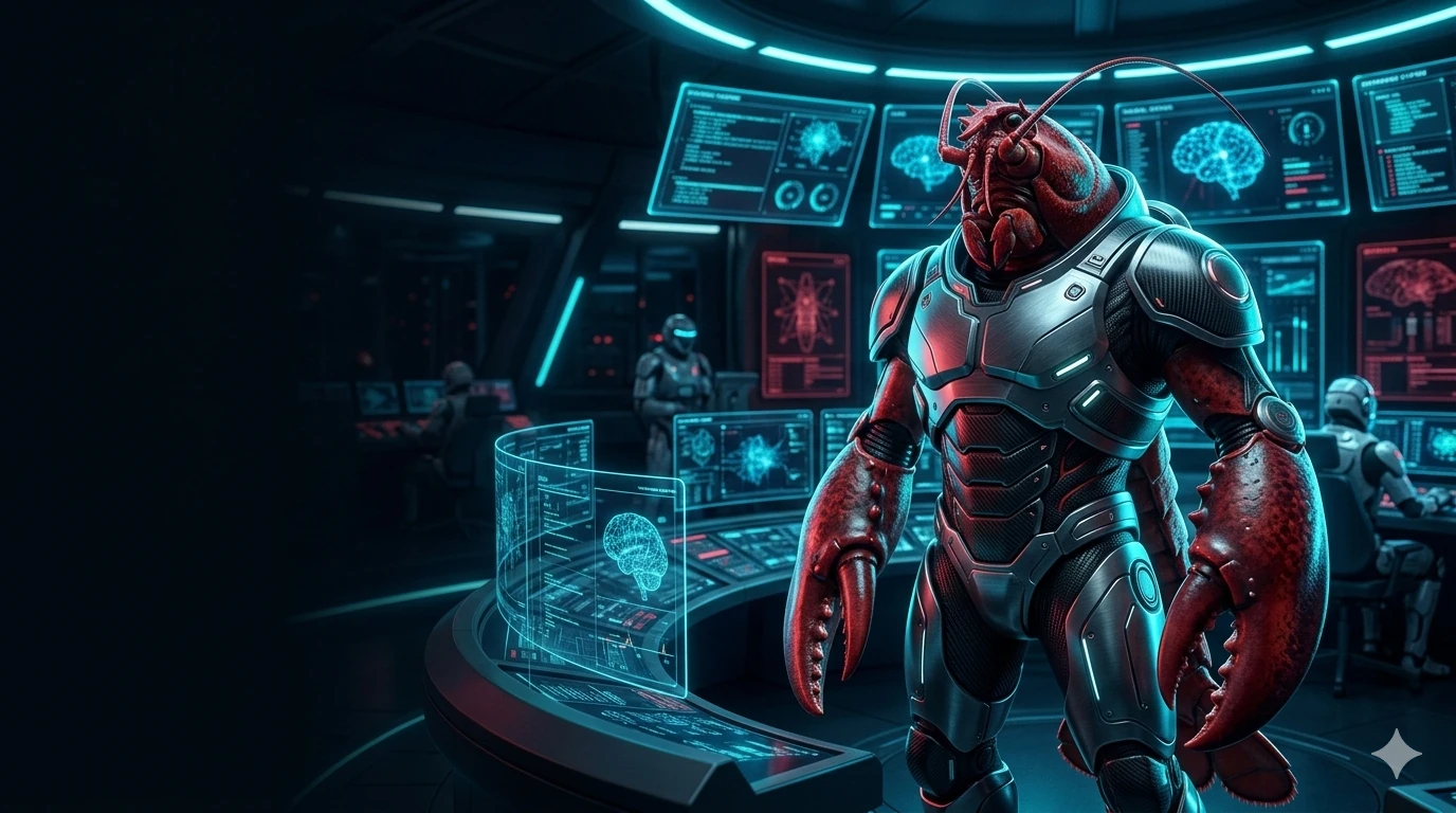 SuperClaw red lobster operator in a futuristic AI command center
